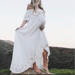 Maternity Solid White Lace Off Shoulder Dress